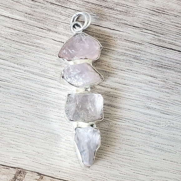 Natural Rough Rose Quartz Gemstones Set in 925 Sterling Silver Pendant, NWT - Picture 5 of 16